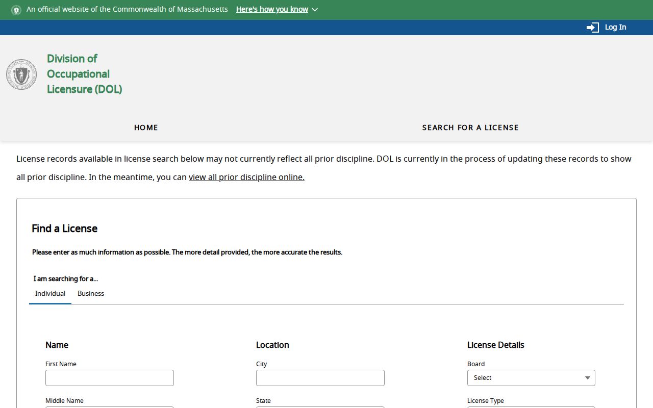 Barnstable County resident lookup occupational license search fields