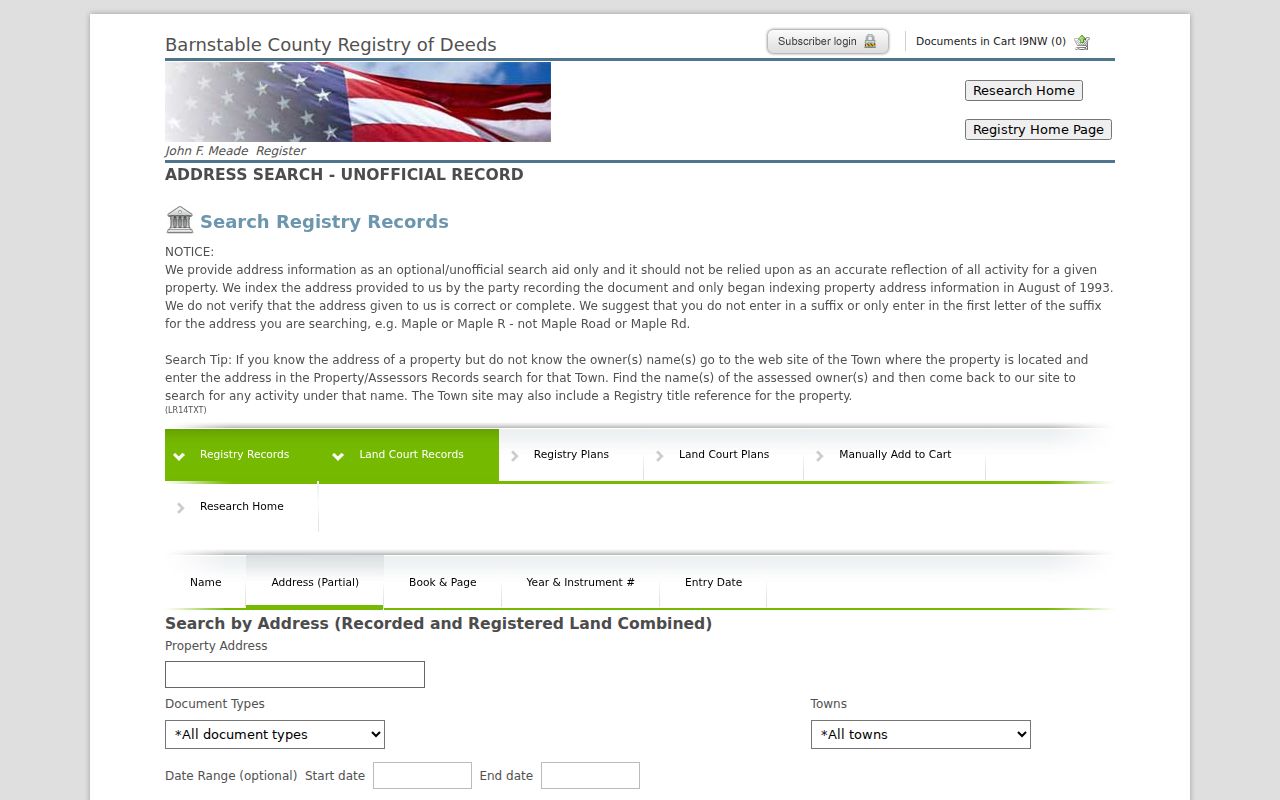 Barnstable County street directory Registry address search controls