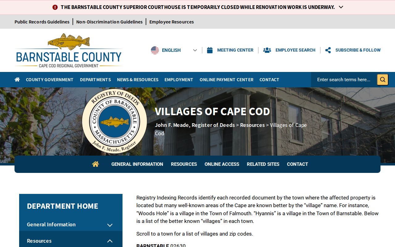 Barnstable County ZIP code directory official villages crosswalk